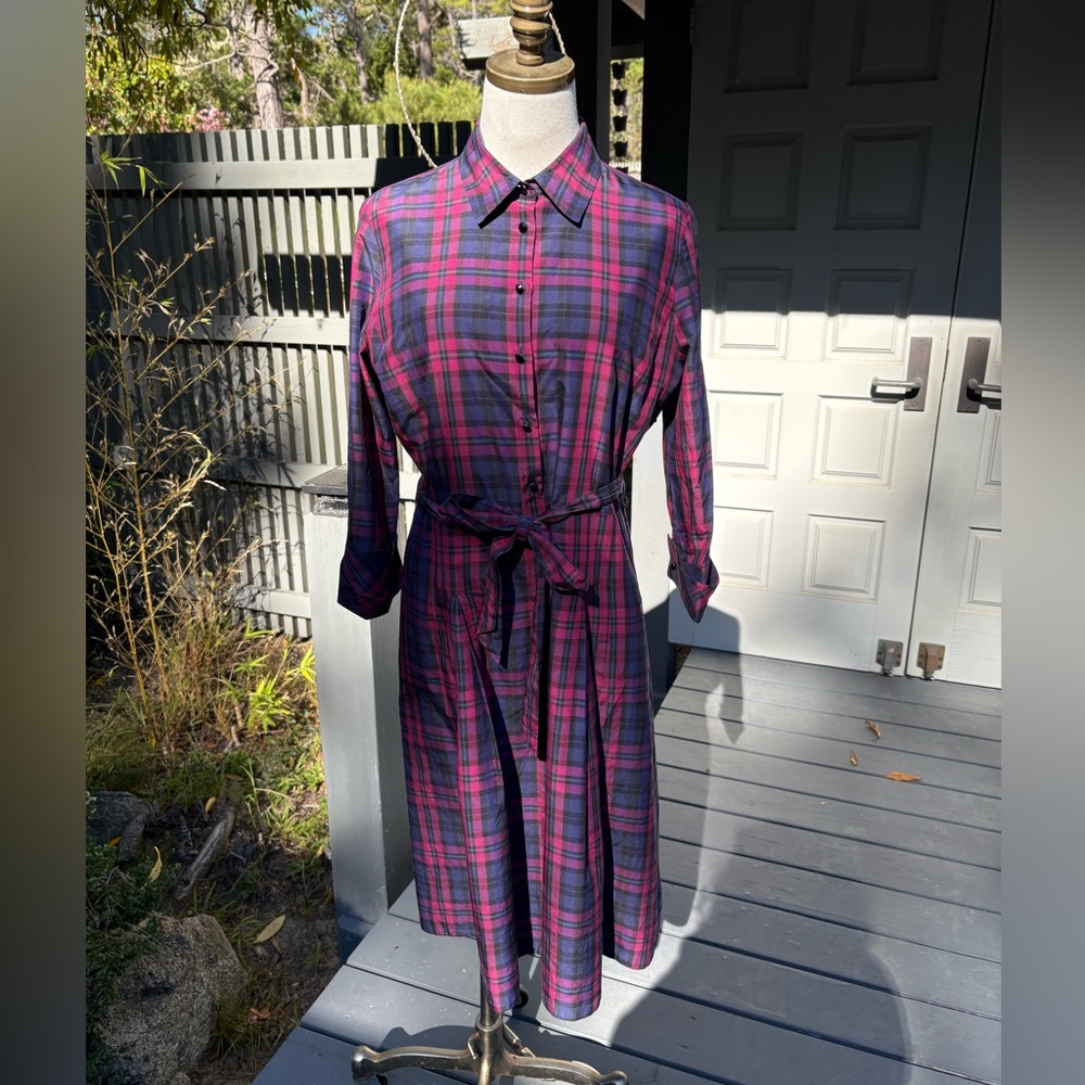 Talbots Plaid Dress with Tie Waist in Fuchsia & Navy